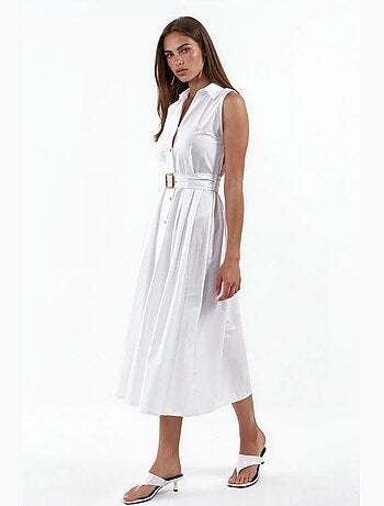 Robe-chemise midi sans manches en popeline avec ceinture busem