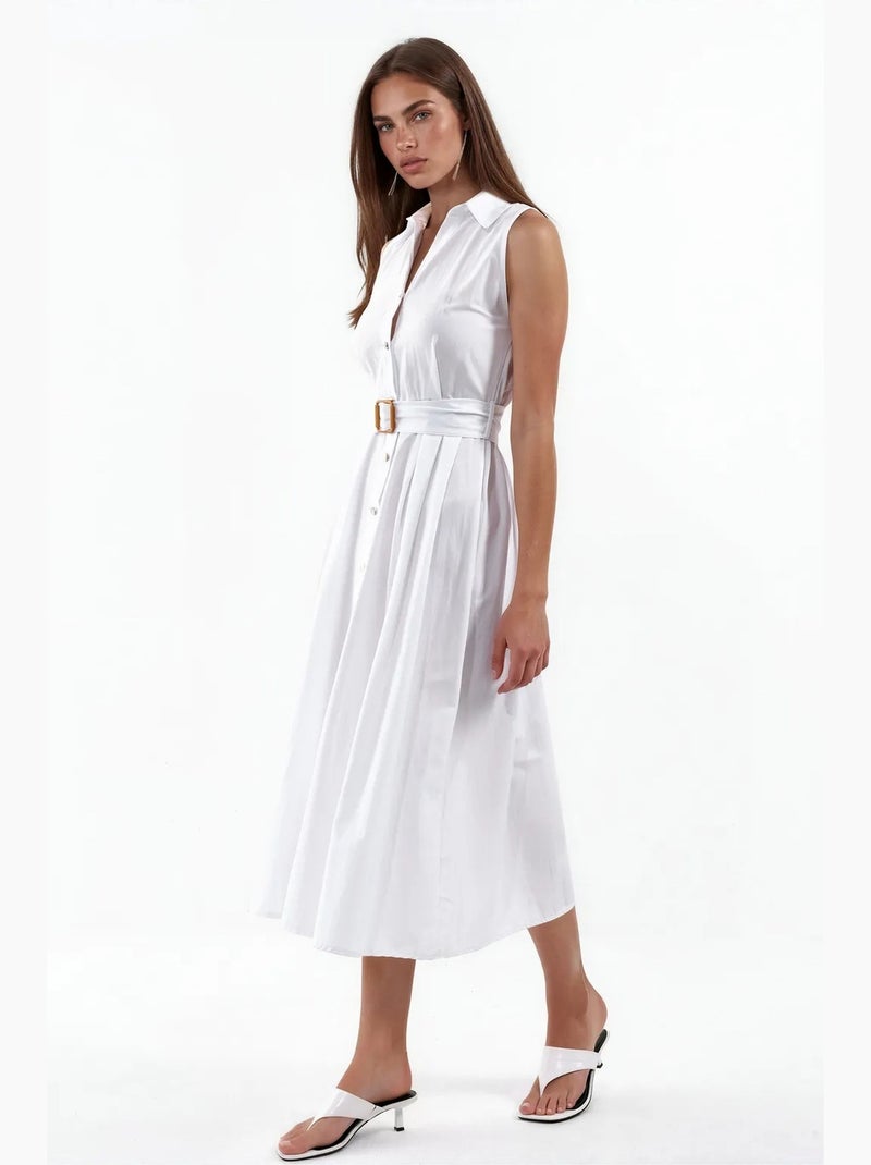 Robe-chemise midi sans manches en popeline avec ceinture busem Blanc - Kiabi