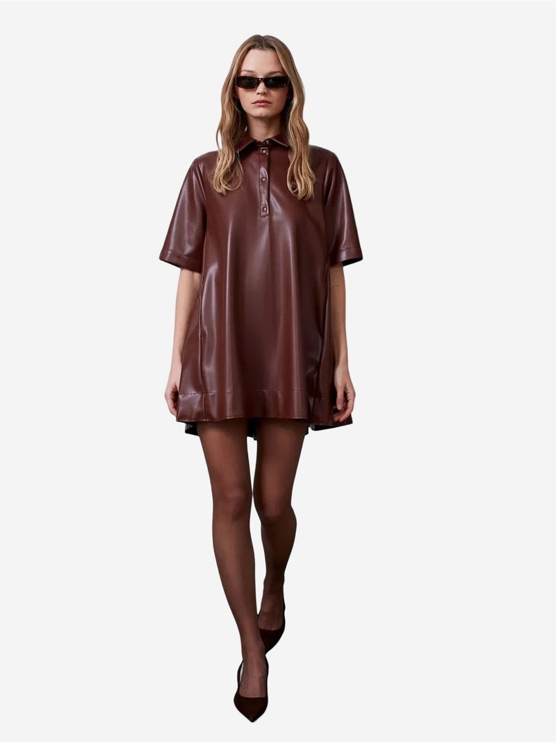 Robe-chemise mini ample en simili cuir dilvin Marron - Kiabi