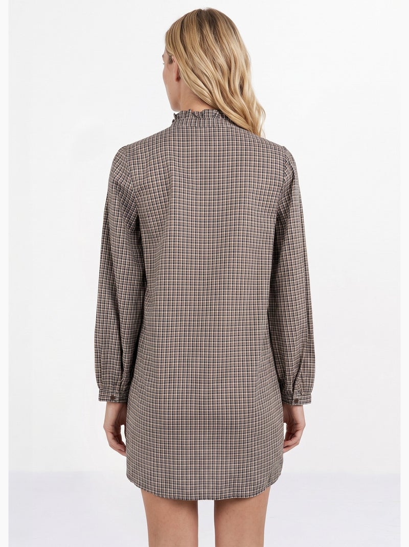 Robe chemisier à carreaux, col plissé - afibel Marron - Kiabi