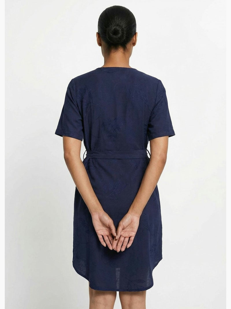 Robe chemisier col V, brodée feuillage - Afibel Bleu marine - Kiabi