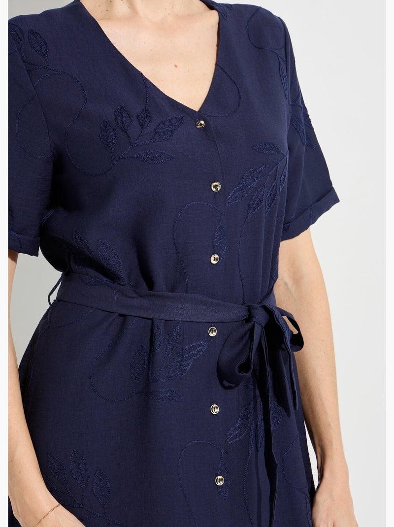 Robe chemisier col V, brodée feuillage - Afibel Bleu marine - Kiabi