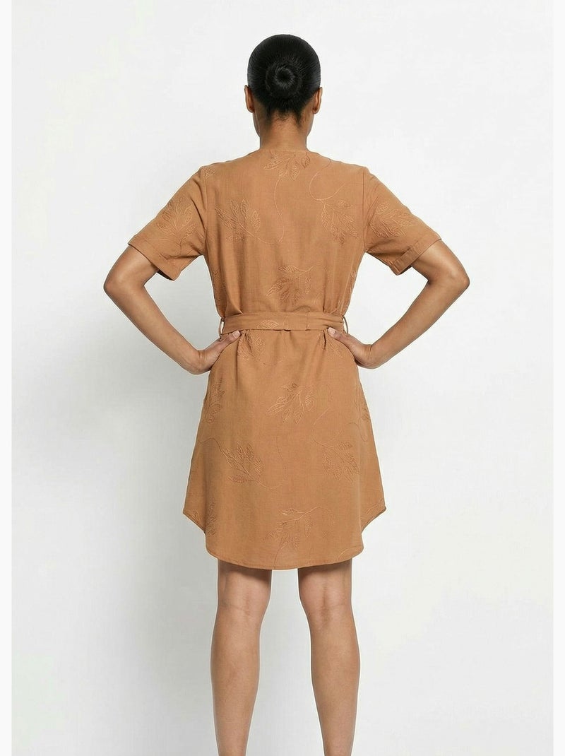 Robe chemisier col V, brodée feuillage - Afibel Camel - Kiabi