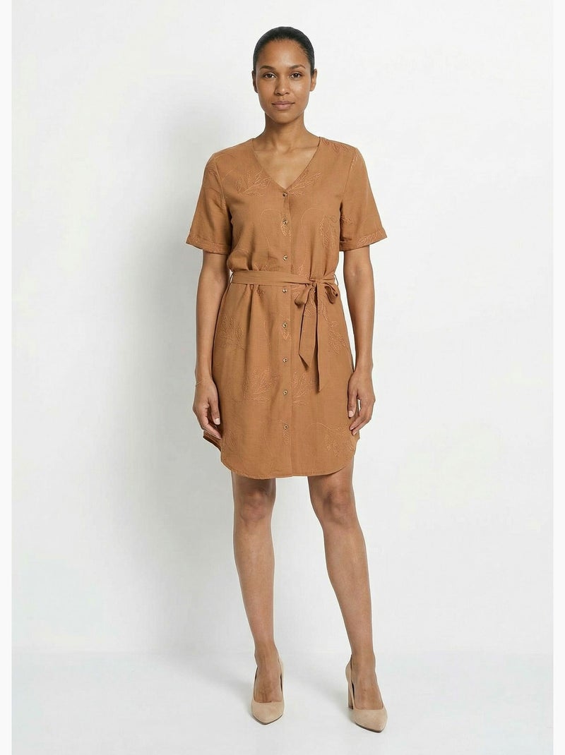 Robe chemisier col V, brodée feuillage - Afibel Camel - Kiabi