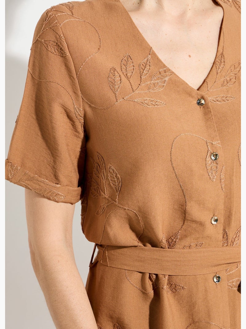 Robe chemisier col V, brodée feuillage - Afibel Camel - Kiabi