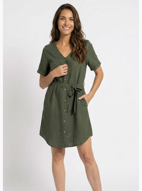 Robe chemisier col V, brodée feuillage - Afibel - Kiabi