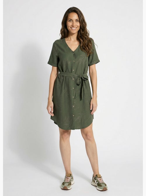 Robe chemisier col V, brodée feuillage - Afibel - Kiabi