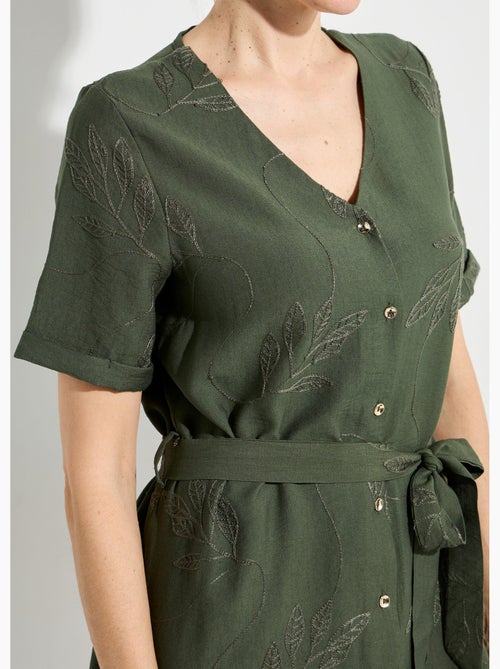 Robe chemisier col V, brodée feuillage - Afibel - Kiabi