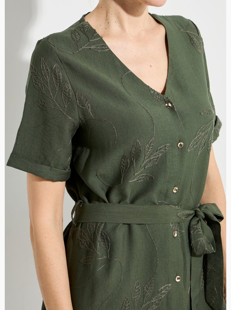 Robe chemisier col V, brodée feuillage - Afibel Kaki - Kiabi