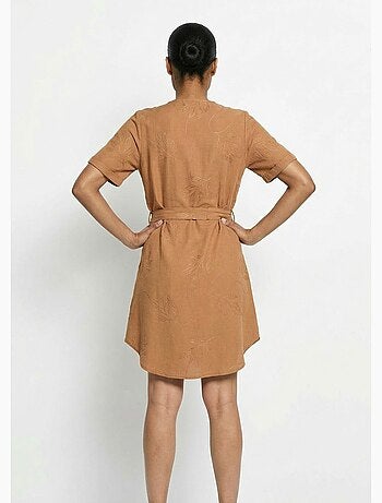 Robe chemisier col V, brodée feuillage