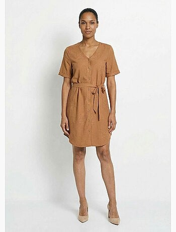 Robe chemisier col V, brodée feuillage