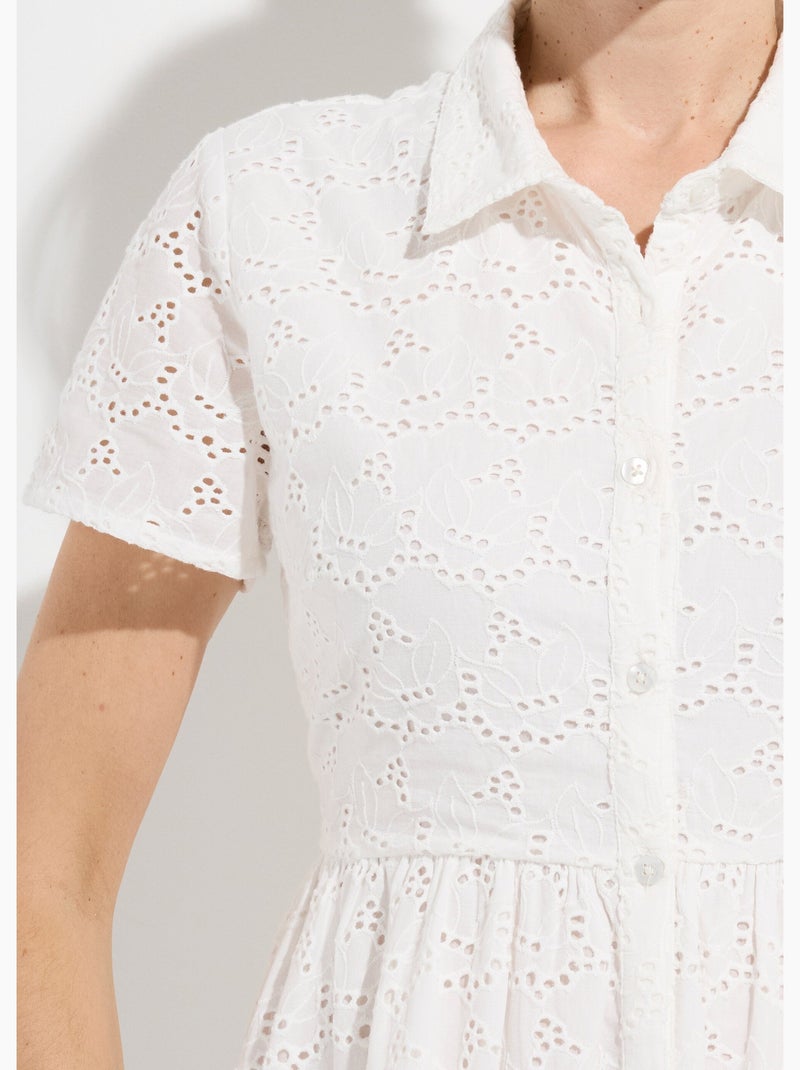 Robe-chemisier courte en broderie anglaise - Afibel Blanc - Kiabi