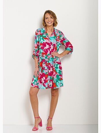 Robe-chemisier courte fleurie manches 3/4 retroussables - Afibel
