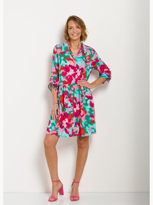 Robe-chemisier courte fleurie manches 3/4 retroussables - Afibel - Kiabi