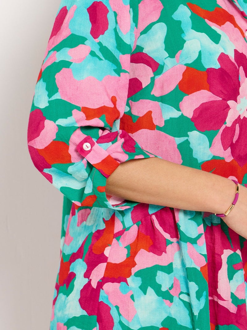 Robe-chemisier courte fleurie manches 3/4 retroussables - Afibel Bleu Rose - Kiabi