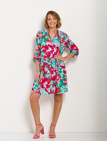 Robe-chemisier courte fleurie manches 3/4 retroussables