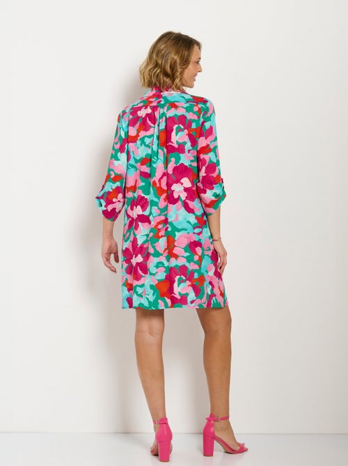 Robe-chemisier courte fleurie manches 3/4 retroussables - Kiabi