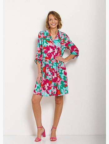 Robe-chemisier courte fleurie manches 3/4 retroussables