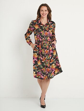 Robe chemisier courte satin fleuri manches longues