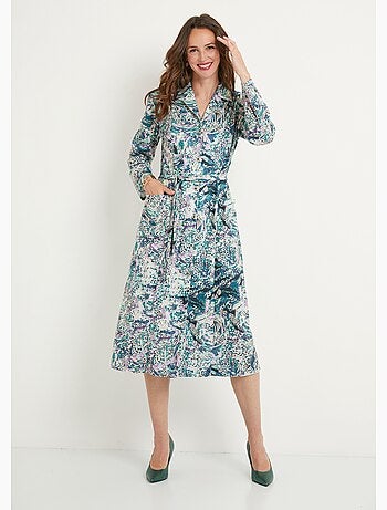 Robe-chemisier imprimée col tailleur mi-longue