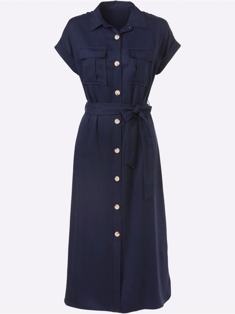 Robe chemisier lyocell col chemise à manches courtes et poches - taille standard - helline Bleu marine - Kiabi