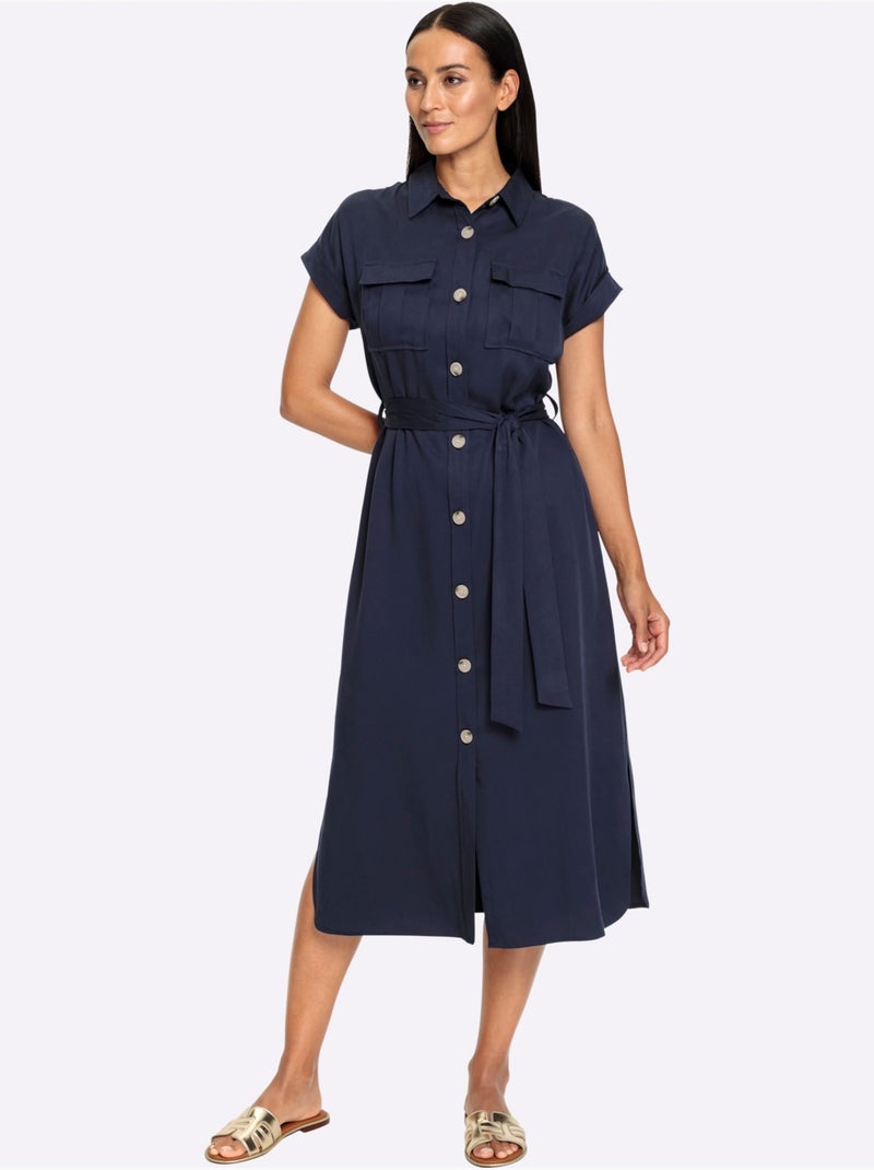 Robe chemisier lyocell col chemise à manches courtes et poches - taille standard - helline Bleu marine - Kiabi