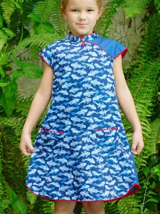 Robe Chinoise Fille  Poisson Koï Bleu  col Mao  ANNAM - 'LA FAUTE A VOLTAIRE'