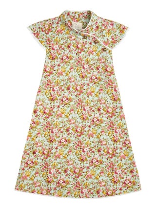 Robe Chinoise Fleurie Verte Fille  col Mao  ANNAM - 'LA FAUTE A VOLTAIRE'