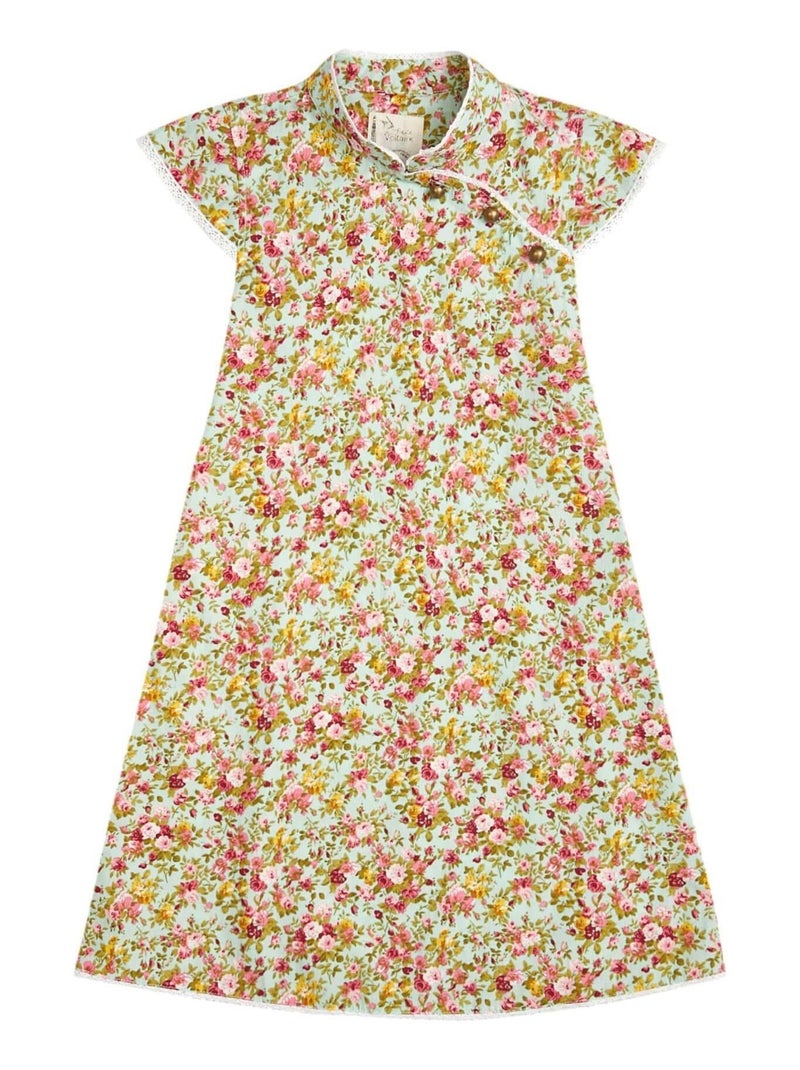 Robe Chinoise Fleurie Verte Fille  col Mao  ANNAM - 'LA FAUTE A VOLTAIRE' Vert d'eau - Kiabi