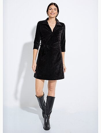 Robe col v à ceinturer en velours ras - afibel