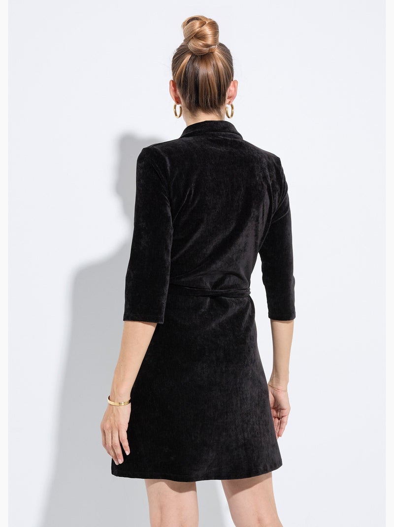 Robe col v à ceinturer en velours ras - afibel Noir - Kiabi