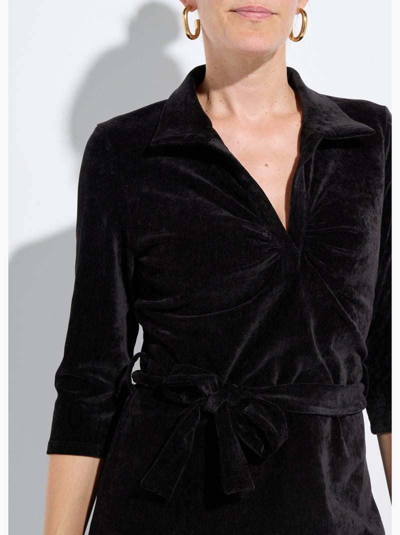Robe col v à ceinturer en velours ras - afibel Noir - Kiabi