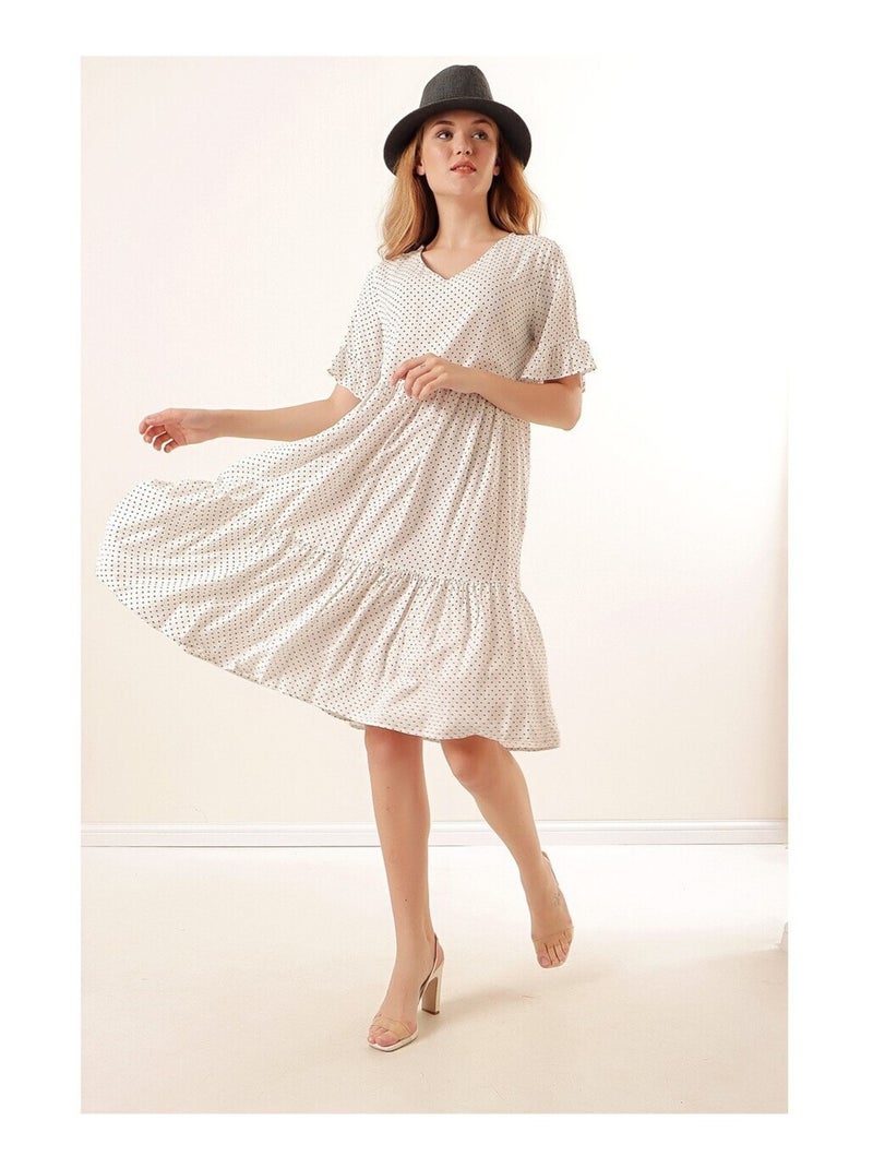 Robe Col V à Pois Blanc - Kiabi