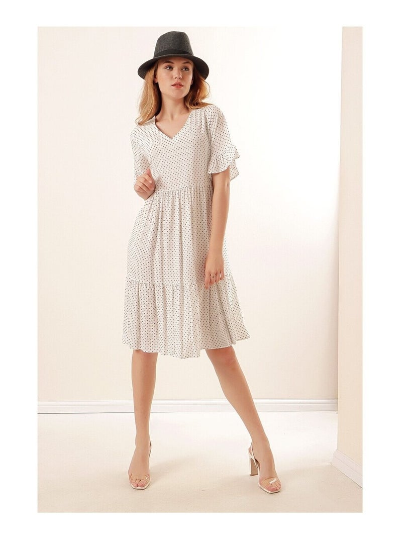 Robe Col V à Pois Blanc - Kiabi