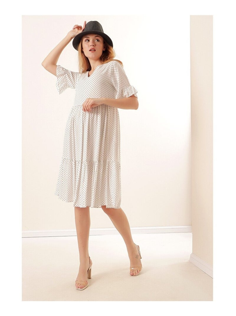 Robe Col V à Pois Blanc - Kiabi