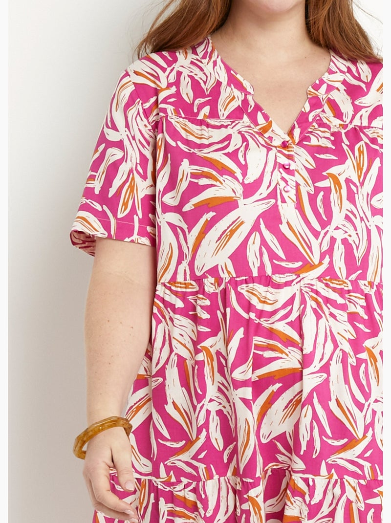 Robe col V boutonnée imprimée manches courtes - Afibel Blanc Rose - Kiabi