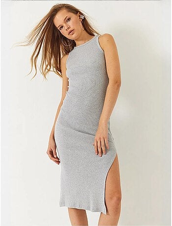 Robe côtelée à col ras du cou et fentes bianco lucci