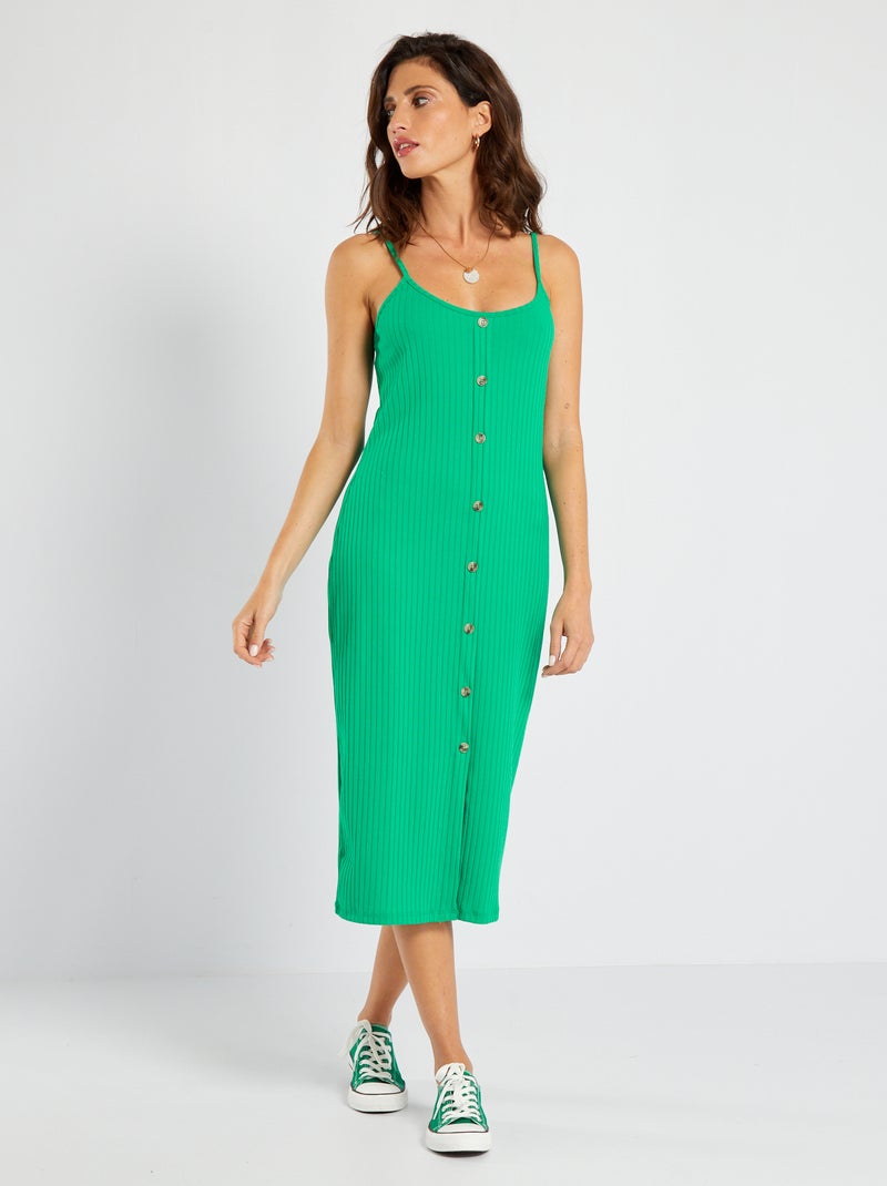 Robe côtelée à fines bretelles Vert - Kiabi