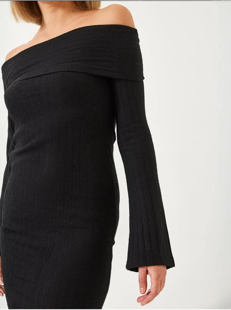 Robe côtelée à manches évasées et col madonna de bianco lucci Noir - Kiabi