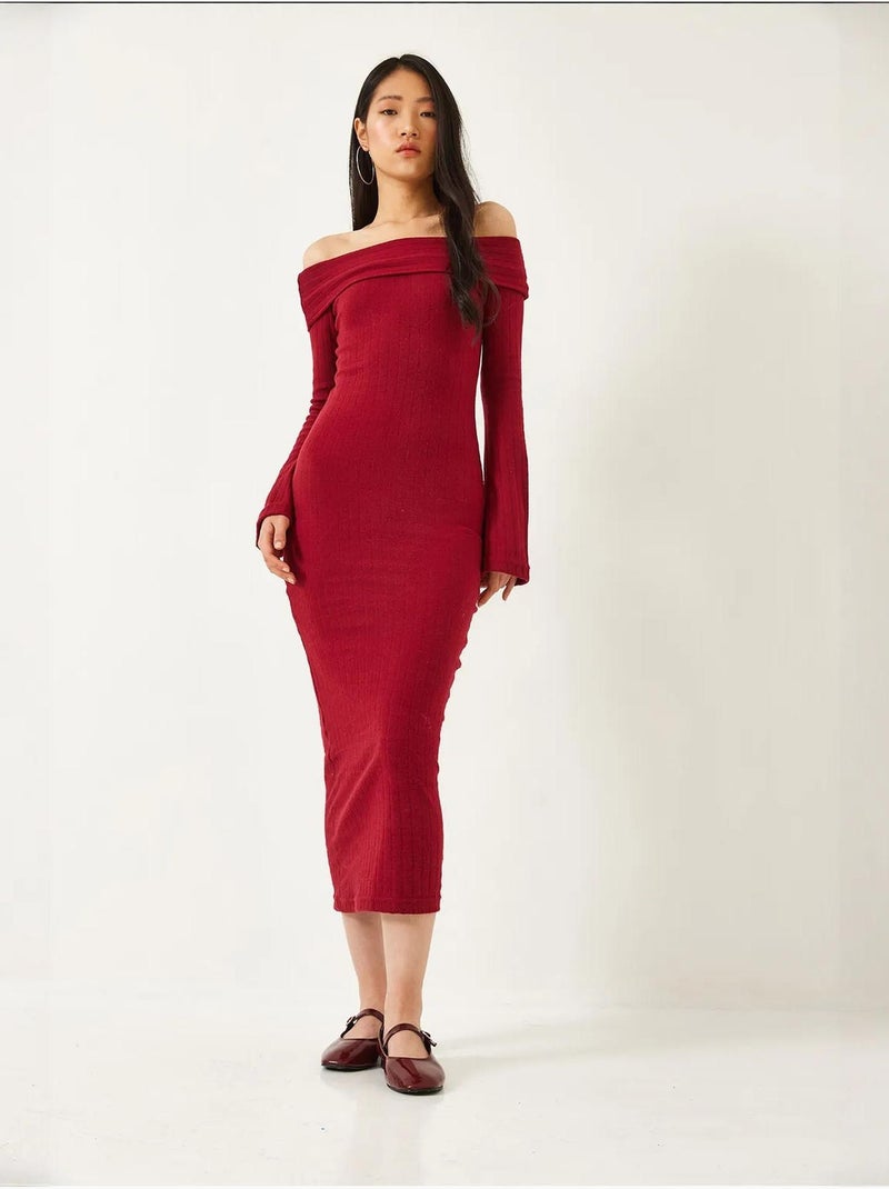 Robe côtelée à manches évasées et col madonna de bianco lucci Rouge bordeaux - Kiabi