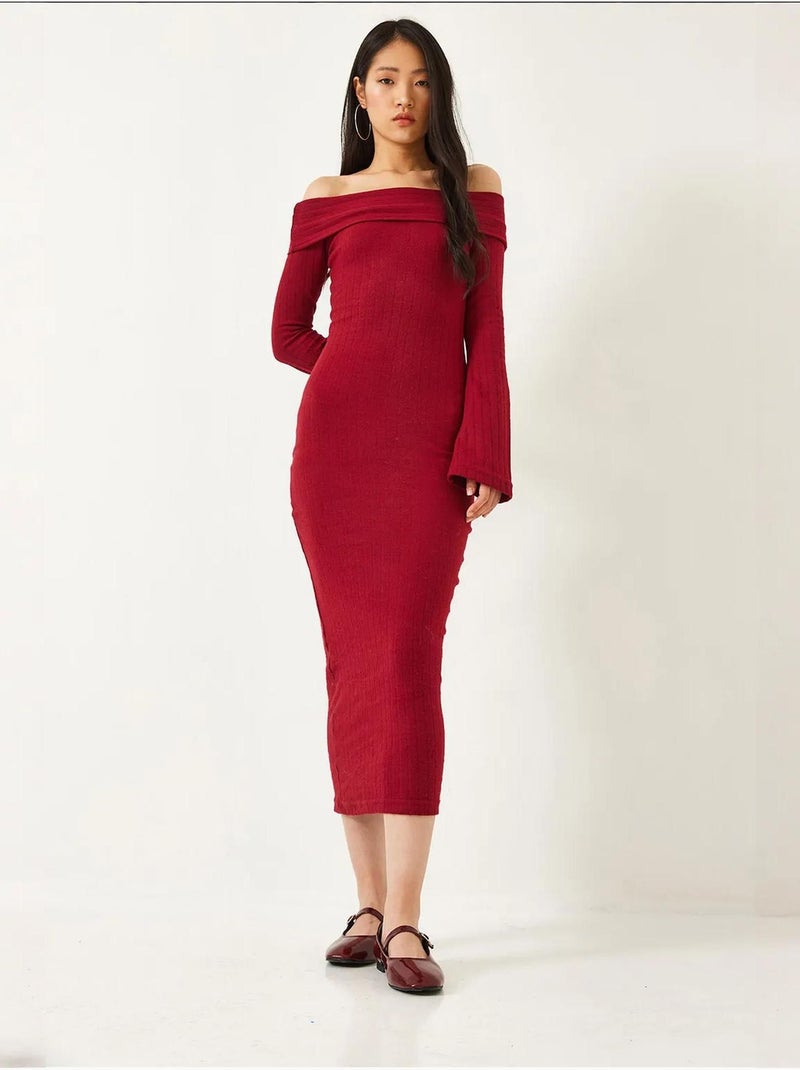 Robe côtelée à manches évasées et col madonna de bianco lucci Rouge bordeaux - Kiabi