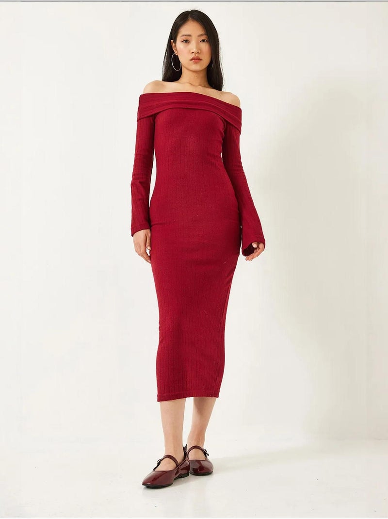 Robe côtelée à manches évasées et col madonna de bianco lucci Rouge bordeaux - Kiabi