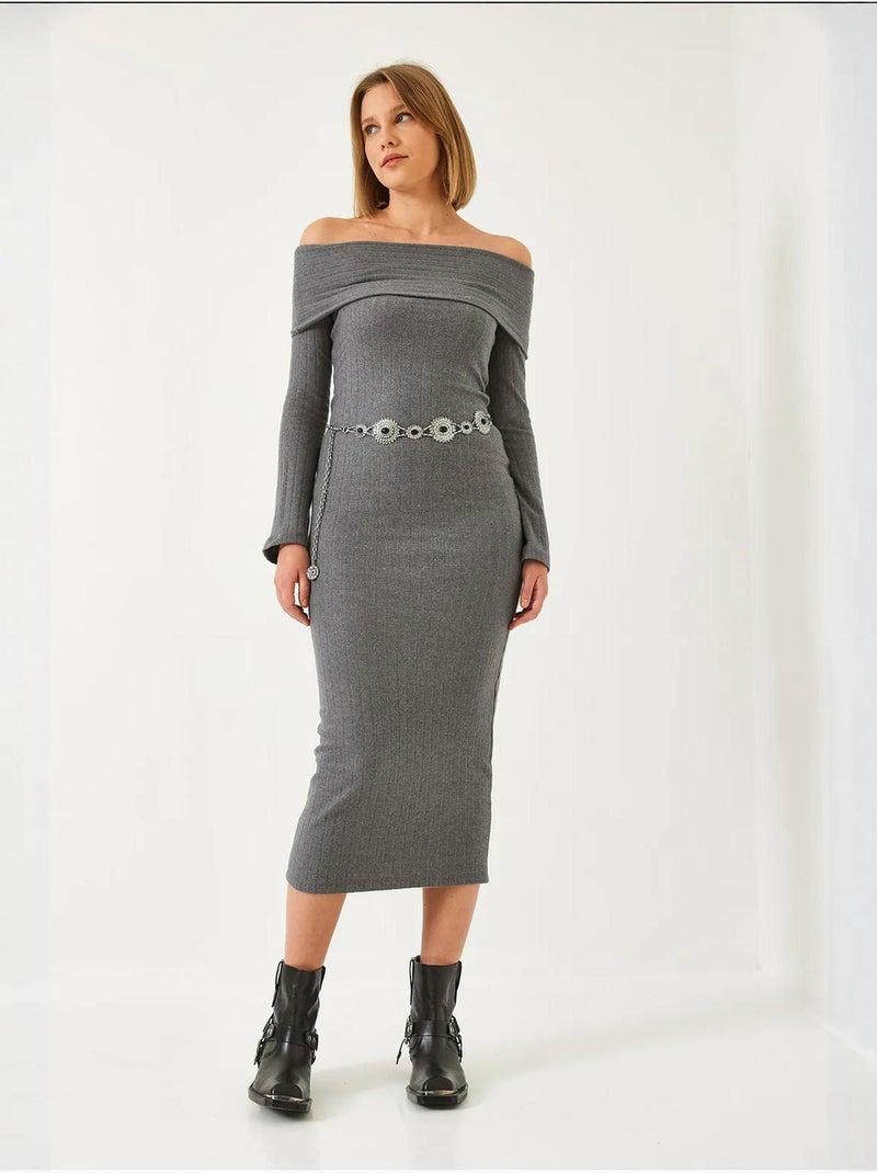 Robe côtelée à manches évasées et col madonna lucci Gris foncé - Kiabi