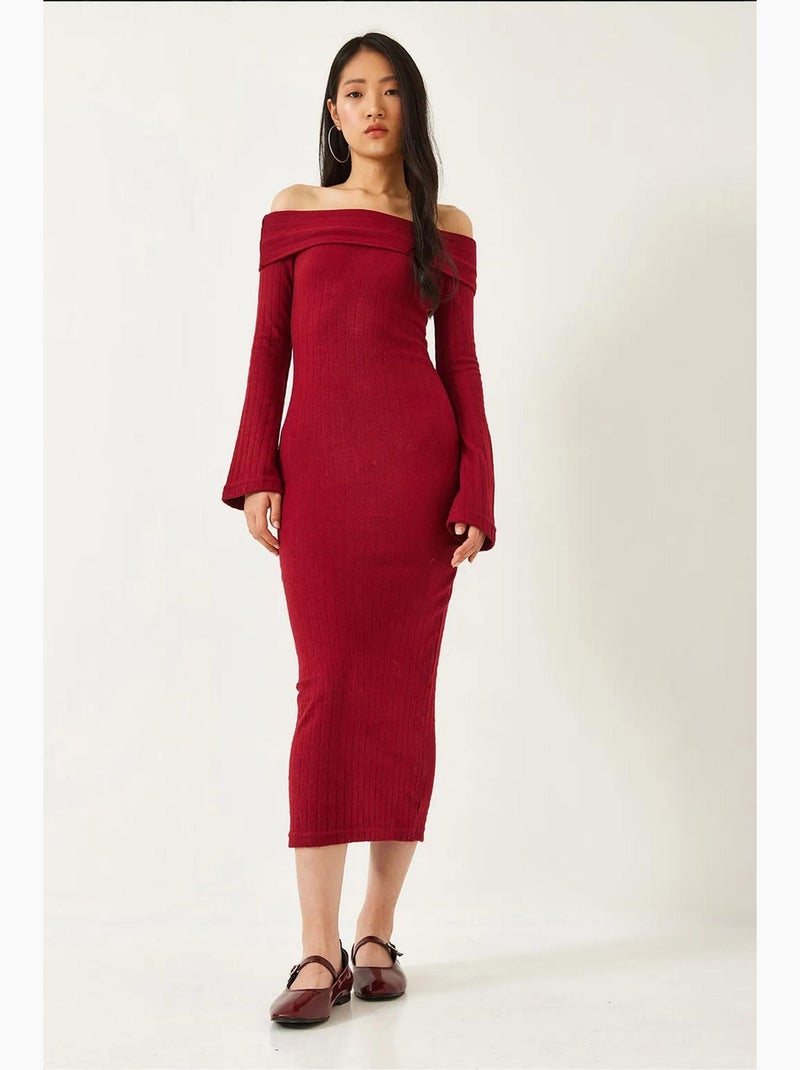 Robe côtelée à manches évasées et col madonna lucci Rouge bordeaux - Kiabi