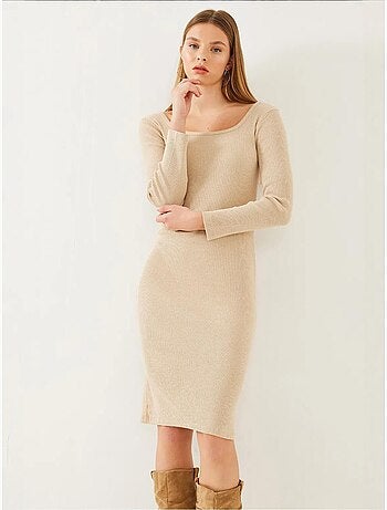 Robe côtelée basique à manches longues et col carré bianco lucci