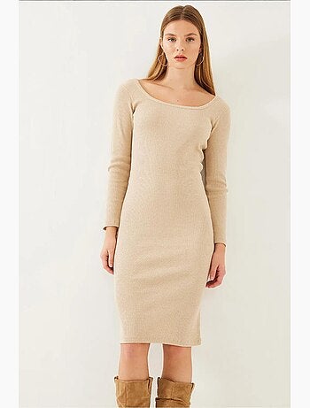 Robe côtelée basique à manches longues et col carré bianco lucci