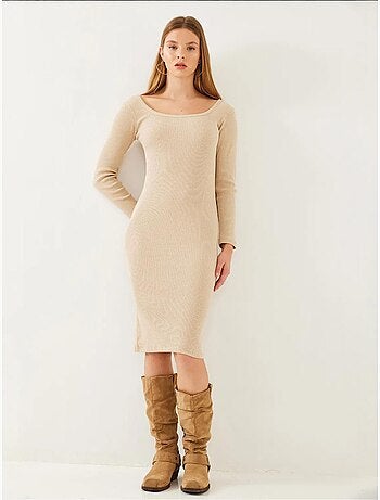 Robe côtelée basique à manches longues et col carré bianco lucci