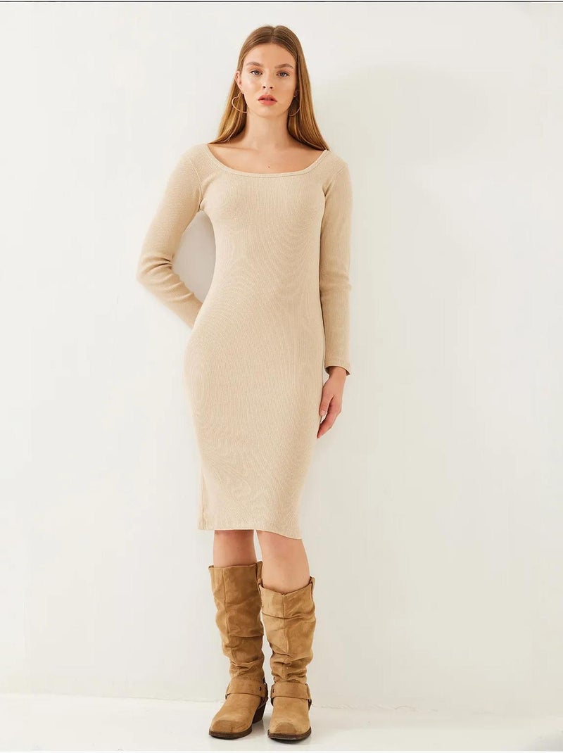Robe côtelée basique à manches longues et col carré bianco lucci Beige argile - Kiabi