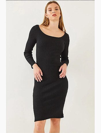 Robe côtelée basique à manches longues et col carré bianco lucci