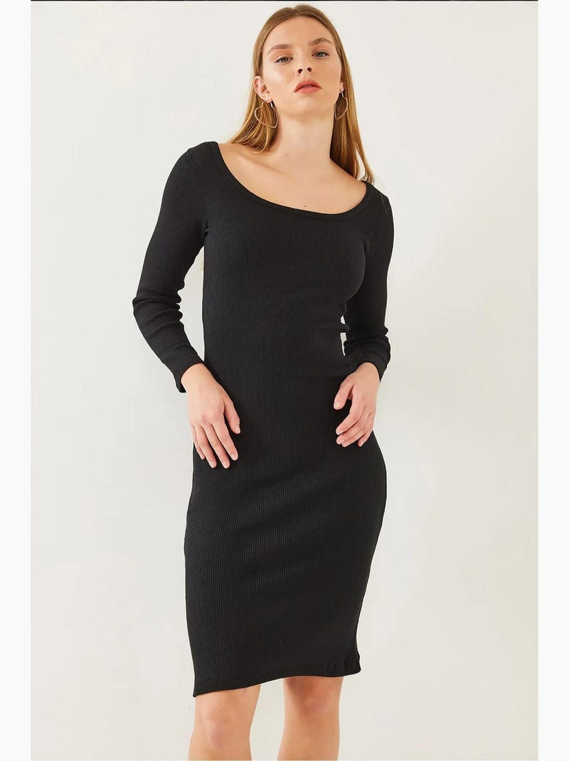 Robe côtelée basique à manches longues et col carré bianco lucci Noir - Kiabi